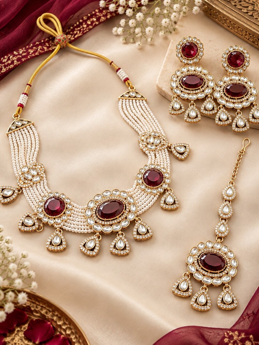 Maroon Pearl Polki Choker Set with Earrings & Maang Tikka